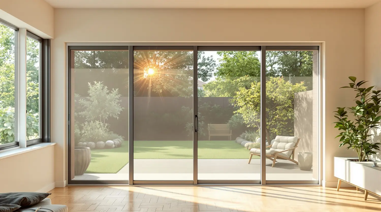 Salon lumineux avec moustiquaires modernes aux fenêtres et porte patio